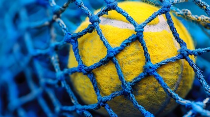 Sharp macro shot of a tennis ball gripping net contrast between yellow and blue