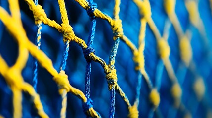 Sharp macro shot of a tennis ball gripping net contrast between yellow and blue