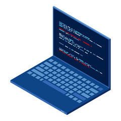 Isometric Laptop. 3d isometric laptop computer. Abstract programming language and program code on a laptop screen. Isometric technology