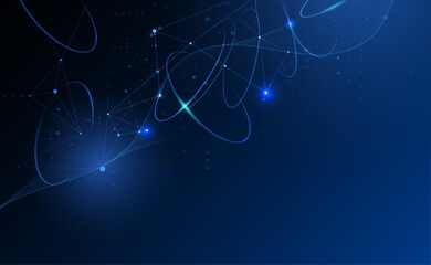Leinwandbilder - Vector illustration abstract technology with molecule, Flowing dot particle wave flow line, wireframe and dot on blue background. Datum technology network, science, artificial intelligence concept

