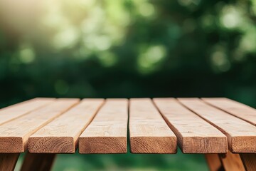 Fototapete - Wooden picnic table showing green forest backdrop ideal for food displays