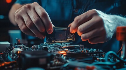 Leinwandbilder - Technician installing cpu chip into motherboard in workshop