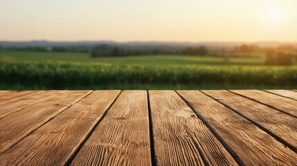 Aufkleber - Empty rustic farm table showcasing a soft-focus countryside landscape at sunset