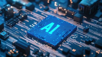 Sticker - futuristic computer circuit board with ai chip technology illuminated in blue light