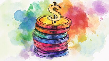 Poster - Stack of colorful coins with dollar sign increasing profit