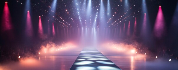 Poster - Illuminated runway awaits fashion show in smoky venue