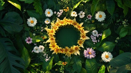 Poster - Radiant sun shape crafted from blooming flowers and vibrant green leaves in a lush garden setting during daytime