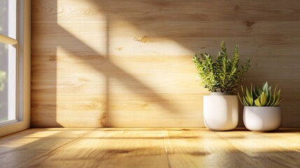 Poster - Sunlight illuminating plants on wooden floor by the window