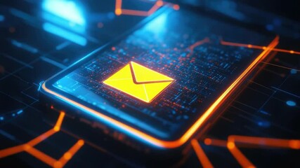 Wall Mural - modern digital email notification on smartphone with neon circuit design in futuristic background