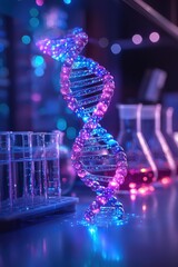 Wall Mural - illuminated dna double helix in a futuristic scientific laboratory setting