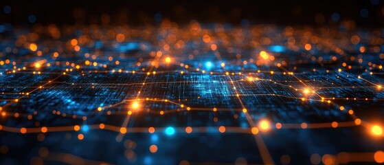 Dotted orange lines on a blue circuit board, representing connections and data flow