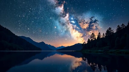 Wall Mural - Tranquil Lakeside Reflections beneath the Celestial Tapestry of a Starry Night Sky