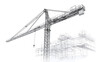© kai - The image is a monochrome sketch depicting a large construction crane positioned prominently in the foreground.  The crane is detailed, showing its structure and mechanics. Behind the crane