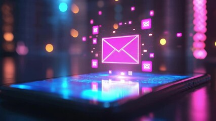 Wall Mural - vibrant neon mail notification with digital elements on smartphone display