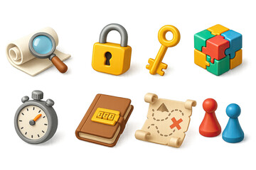 3d icon set of escape room games: clue, lock, key, puzzle box, timer, codebook, mystery map, game pi
