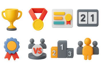 3d icon set of competitive games: trophy, medal, leaderboard, scoreboard, prize ribbon, competition,