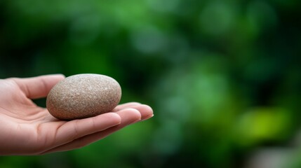 Aufkleber - A gentle hand cradles a smooth, oval river stone, highlighted by soft natural light, with a vibrant green forest softly blurred in the background