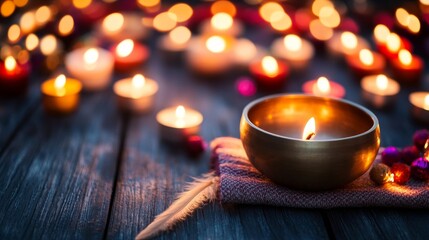 Poster - A Tibetan singing bowl rests on textured linen, accompanied by softly lit candles and a delicate feather, creating a peaceful atmosphere for meditation