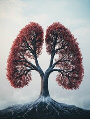 Fototapete - Tree resembling human lungs symbolizes natures breath and interconnectedness, showcasing beautiful red foliage against a serene backdrop