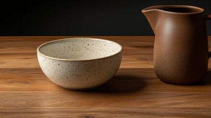 Poster - Single hand-thrown ceramic bowl with speckled glaze rests next to a vintage pottery jug on a natural wood surface, bathed in soft natural light
