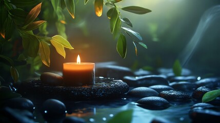 Poster - Relaxing spa setup features a lit candle surrounded by smooth stones and fresh green leaves, creating a calming ambiance enhanced by soft natural light