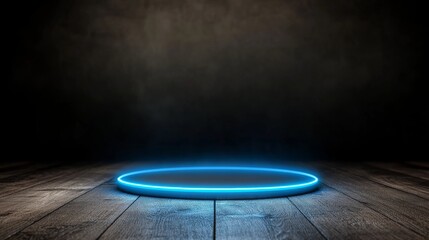 Fototapete - A neon blue circular geometric shape hovers against a black background, creating a sleek and futuristic vibe, while providing ample space for additional content