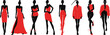 © yana2607 - Fashion Woman Silhouette Set in Red and Black. Elegant Female Models in Stylish Dresses and Outfits.