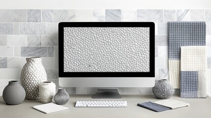 Poster - A computer monitor showcases a modern interior design mockup, framed by chic decor items like vases and fabric swatches in a streamlined studio space