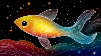Wall Mural - glowing fish swimming in a colorful starry night sky