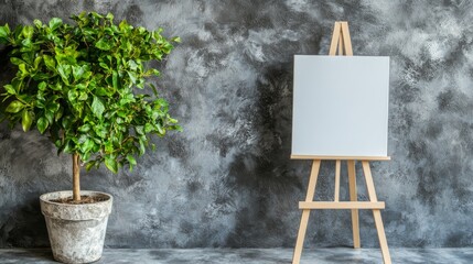 Poster - A blank white canvas stands prominently on an easel in a minimalistic room filled with neutral tones, complemented by a green potted plant for texture