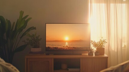 Fototapete - Workspace features a monitor displaying minimalist design, decorated with potted succulents and wooden accessories, all bathed in soft natural light