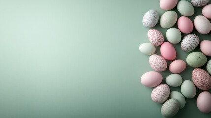 Leinwandbilder - A collection of pastel-colored Easter eggs with detailed patterns is elegantly arranged on a soft green surface, creating a festive atmosphere with ample copy space