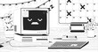 © IMG visuals characte - Cozy workspace desk with retro computer lofi illustration outline. Nostalgic tech, calendar marks, PC sleepy zzz, brick phone 2D ink linear flat lo fi drawing. Vector line art aesthetic wallpaper