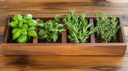 Poster - Close-up of a wooden box filled with vibrant green herbs like basil, rosemary, thyme, and oregano, set on a rustic wooden table with natural light