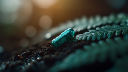 Poster - A single transparent green capsule rests on large fern leaves above moist soil, illuminated by gentle morning light creating a serene atmosphere