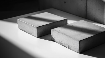 Fototapete - Two rectangular concrete podiums are positioned on a smooth white surface, casting subtle shadows that enhance the minimalistic and modern design