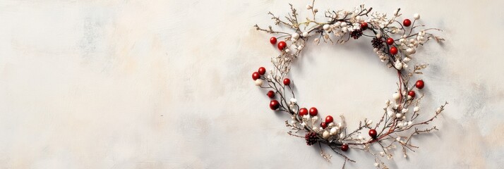 Poster - Delicate wreath of tiny flowers and berries on soft textured background in Lapki illustration style for seasonal decor