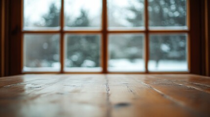 Aufkleber - An empty wooden table sits in front of a frosted window while soft light reveals the grain of the wood, creating a tranquil winter atmosphere