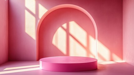 Wall Mural - a minimalist pink interior featuring a circular platform and archway illuminated by sunlight, creati
