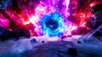 Wall Mural - Running through a collapsing cave with pink and blue nebula and fog