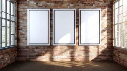 Wall Mural - a bright, modern room with three empty frames on a brick wall, illuminated by natural light through 
