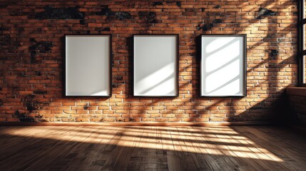Wall Mural - a spacious room with three empty frames on a textured brick wall, illuminated by natural light creat