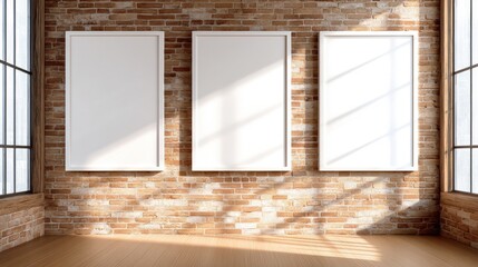Wall Mural - a bright, modern interior featuring three blank frames against a textured brick wall, illuminated by