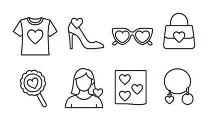 outline vector icons of fashion and hearts: heart print shirt, heart heels, sunglasses with heart, p