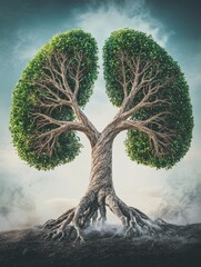 Aufkleber - Unique tree shaped like human lungs represents the connection between nature and breath in a serene landscape setting