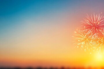 Fototapete - Fireworks explode in bursts of color, creating a festive mood as the night sky transitions from deep blue to golden yellow, perfect for New Year's celebrations