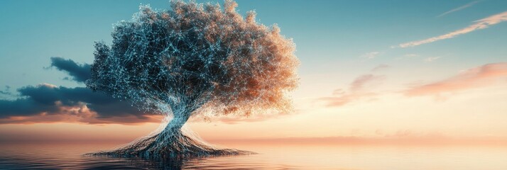 Fototapete - Conceptual tree with roots resembling a neural network showcasing the link between nature and organic intelligence at sunset by the water