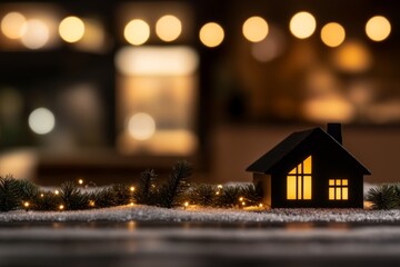 Aufkleber - A cozy miniature house with glowing windows sits amidst tiny pine trees on a delicate snowy surface, creating a warm ambiance in a festive backdrop