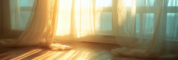 Aufkleber - Sunlight softly shines through translucent curtains in a cozy, minimal room creating a peaceful atmosphere during morning hours