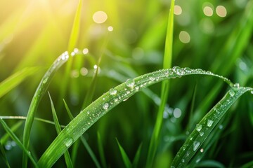 Aufkleber - Dewdrops glistening on green grass in the warm morning light captures the beauty of nature in a macro view
